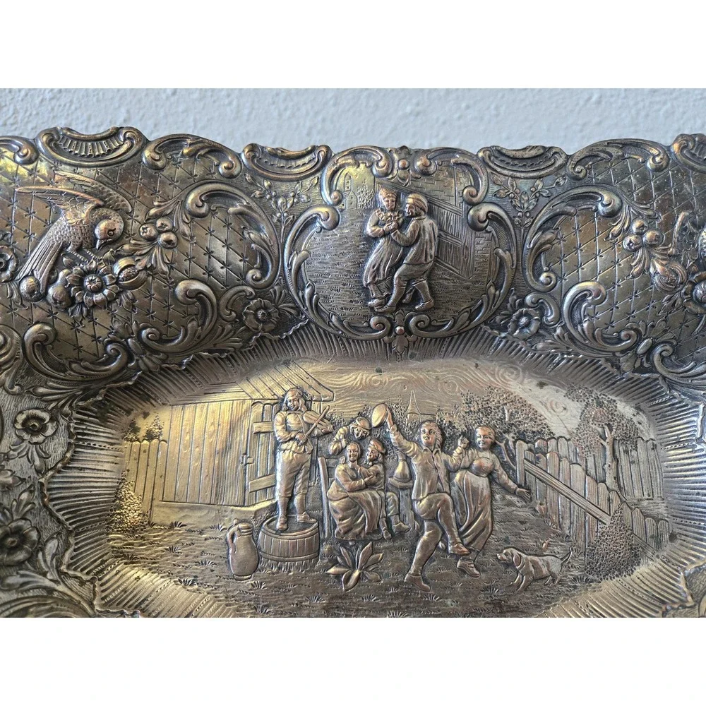 Antique Silver on Copper Dutch Revival Repousse People Tavern Courtyard Bowl